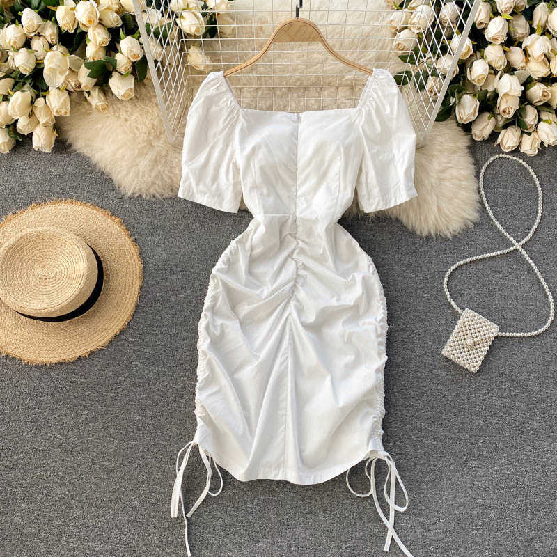 Women Fashion Square Neck Short-sleeved Water Drill Bow Draw Rope Pleated Package Hip Mini Dress Solid Color Vestidos R861 210527