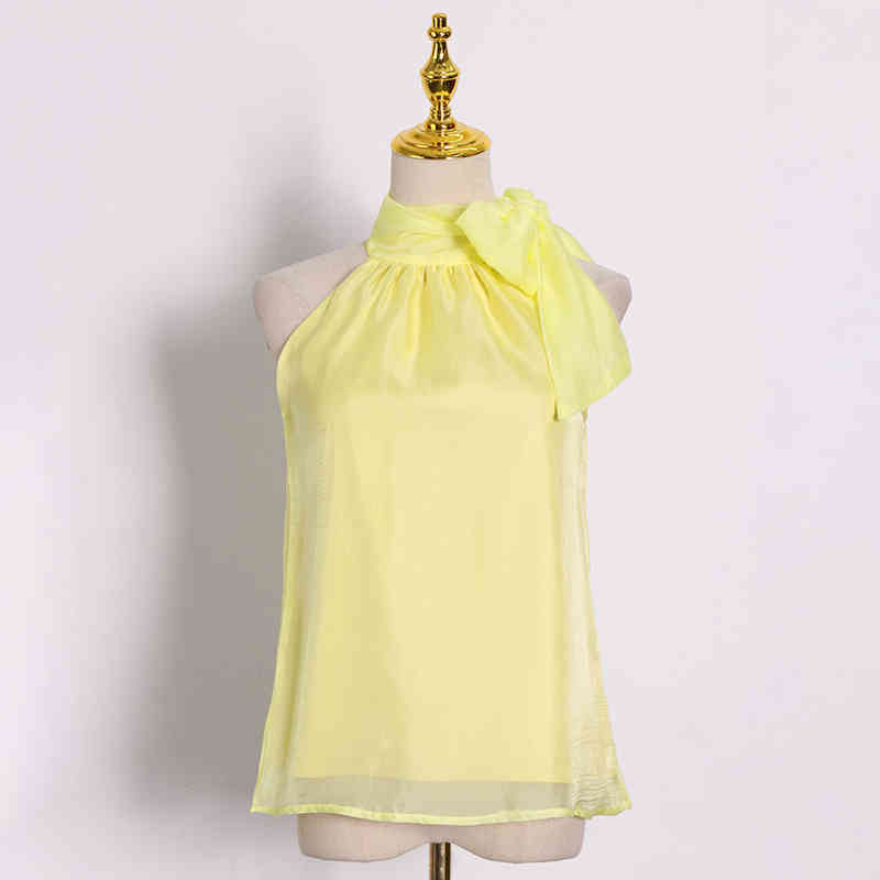 White Patchwork Bowknot Shirt For Women Stand Collar Sleeveless Elegant Blouse Female Fashion Clothing Spring 210524