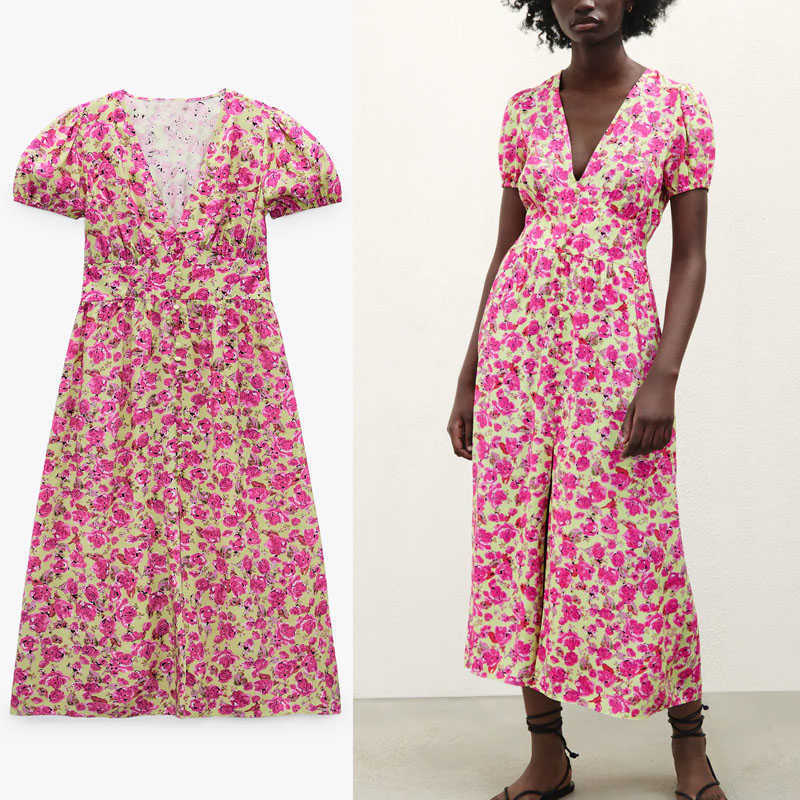 Za Dress Women Flowers Print Midi Summer Dress Short Puff Sleeve V Neck Smocked Elastic Elegant Party Dresses Front Slit Vestido 210602, As pictrure
Za Dress Women Flowers Print Midi Summer Dress Short Puff Sleeve V Neck Smocked Elastic Elegant Party Dresses Front Slit Vestido 210602, As pictrure