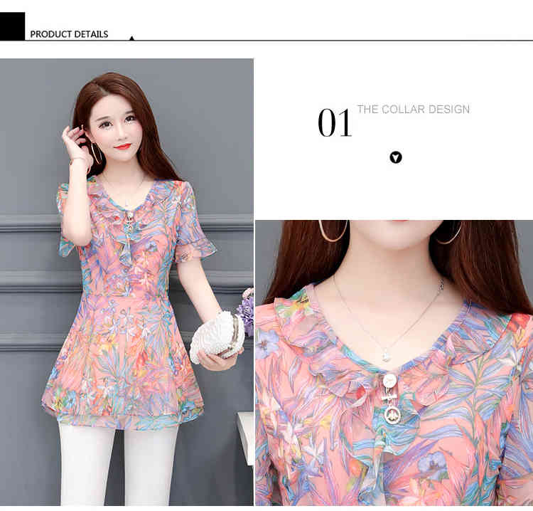 Blusas Feminina Chiffon Middle-aged Women Vetement Femme Shirt Shorts Sleeve Plus Size Print Blouse 928i 210420