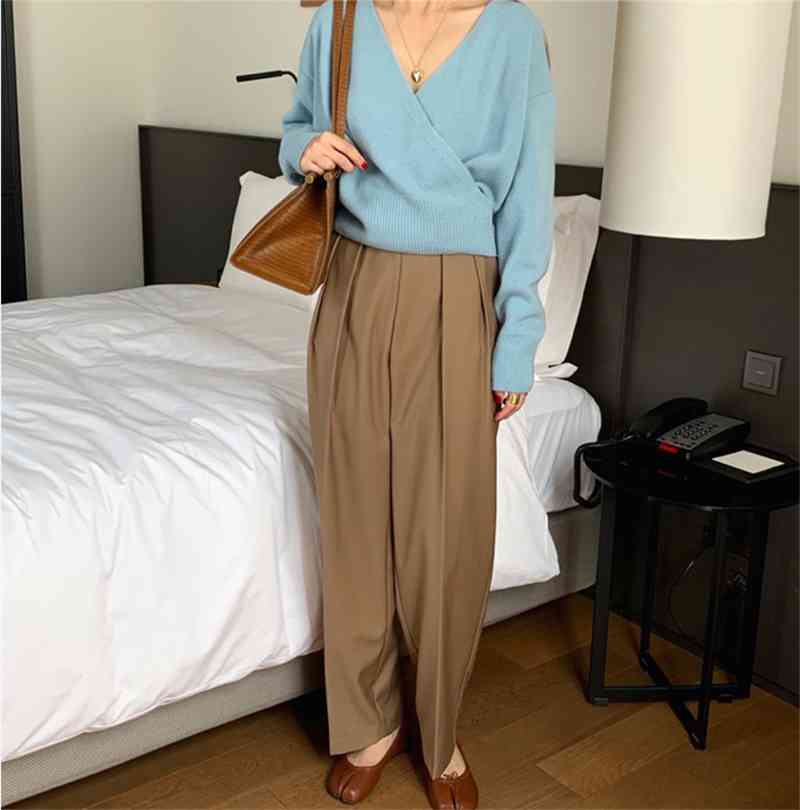 Autumn Winter Elegant Sweater Office Lady Work Pullovers V-Neck Long Sleeve Loose Knitted Sweaters Women's Tops 210421