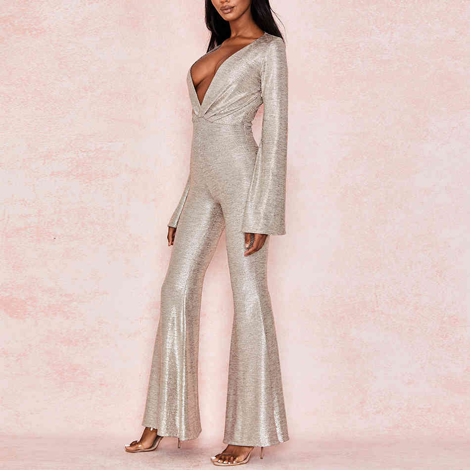 Summer Women's Jumpsuit V-neck Draped Flared Sexy Bodycon Elegant Club Celebrity Party 210524