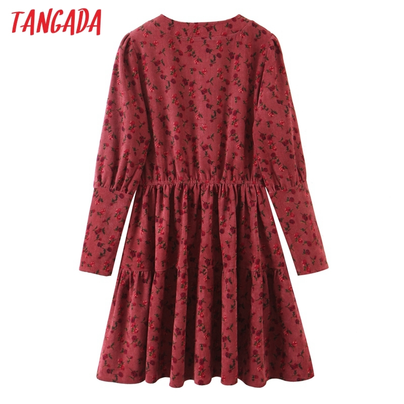 Fashion Women Flowers Print Corduroy Arrival Long Sleeve Ladies Mini Dress Vestidos SL536 210416