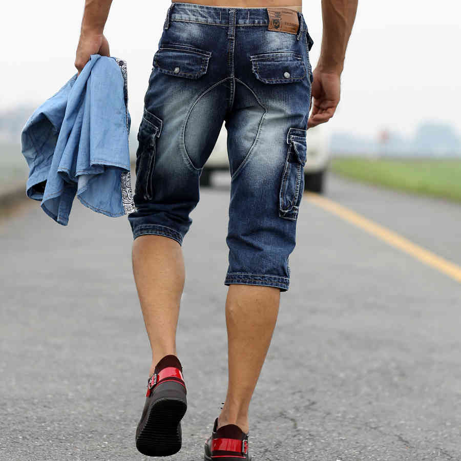 Summer Men's Retro Denim Shorts Casual Washed Male Fashion Short Jeans Knee-length Overall Combat Cargo Military Style 210518