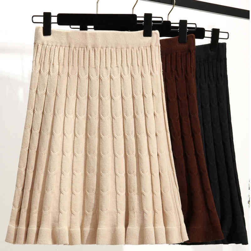 Elastic Waist Knitted Mini Skirts Women Autumn Fashon Korean High A-Line Pleated Solid Casual Loose 10370 210427