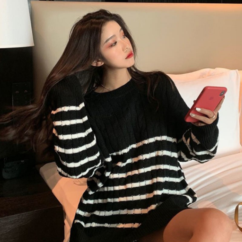 Autumn and Winter Sweater Women Loose Pullover Korean Striped Twist Color Long Casual Knitwear Pull Femme 11947 210427