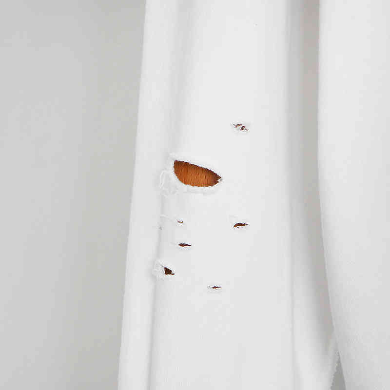 VGH White Streetwear Loose Tops For Women O Neck Long Sleeve Patchwork Hole Hollow Out Casual Sweatshirts Female Fashion New 210421