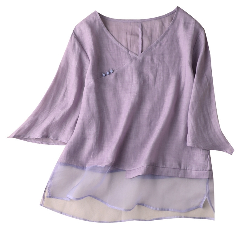 SHUCHAN Purple Blouses for Women Chinese Style Ramie Patchwork V-Neck Three Quarter Sleeve Spliced Ladies Tops 210508, Pink
SHUCHAN Purple Blouses for Women Chinese Style Ramie Patchwork V-Neck Three Quarter Sleeve Spliced Ladies Tops 210508, Pink