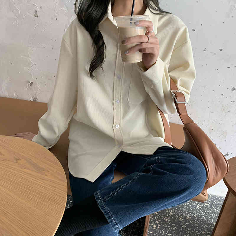 Beige Full Sleeves Corduroy Solid Chic Students Fashion Korean Girls Loose Slim All Match Office Lady Shirts 210421