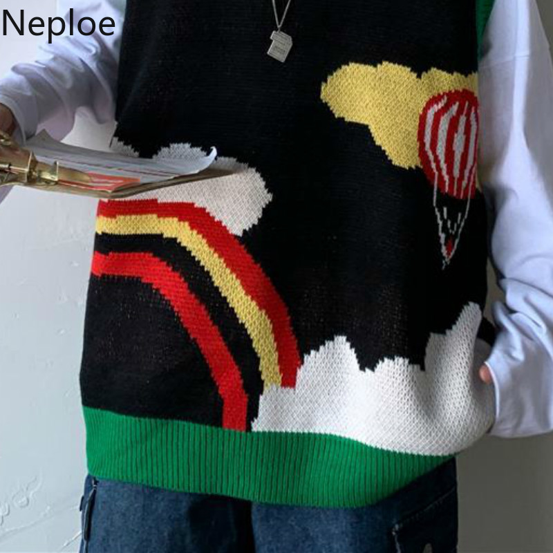 Neploe Rainbow Crochet Floral Sweaters Vest Women BF Streetwear Korean Fashion Knit Pullovers Coat Plus Size Outwear Tank Coat 210422