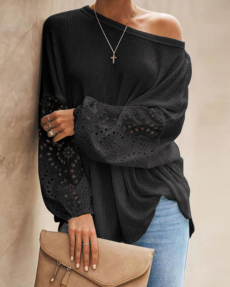 Spring Autumn Women's Lantern Sleeve Top New Femme Elegant One Shoulder Eyelet Embroidery Blouse Office Lady Casual Clothes 210415