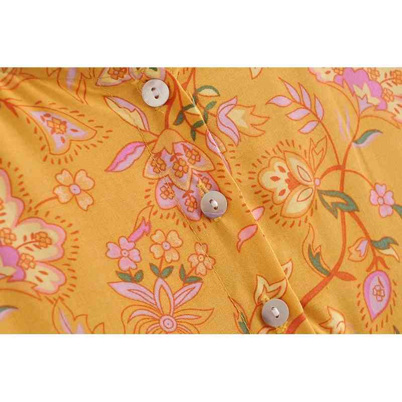 Bohemian Location Flower Print Short sleeve Dress Holiday BOHO Woman V neck Side Pockets Loose Straight Long Dresses Beach 210429