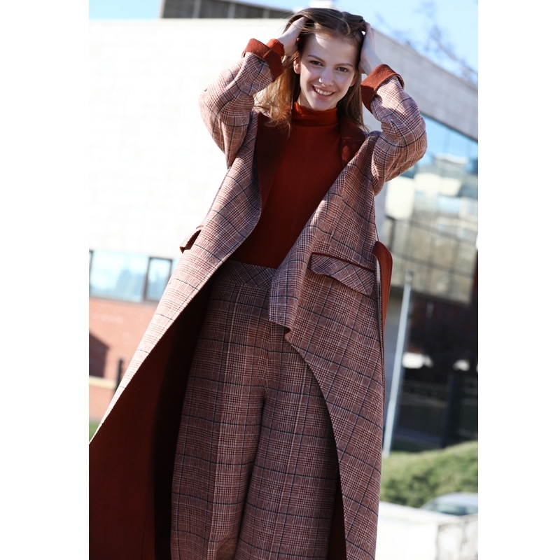 Winter Women Plaid Woolen Two Piece Set Elegant Loose Double-sided Coat and Long Pants 11880095 210527