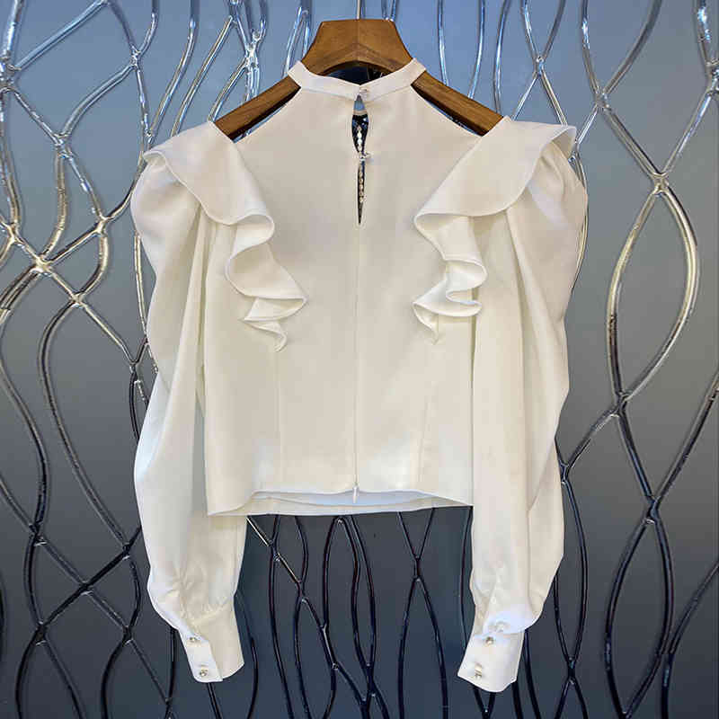 TWOTWINSTYLE Elegant Patchwork Ruffle Shirt For Women Hooded Collar Long Sleeve Hollow Out White Blouse Female Fashion 210517