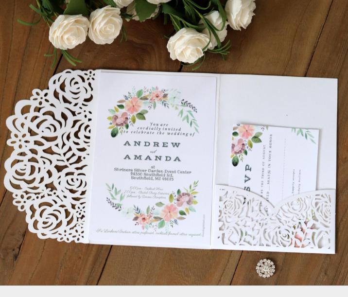 2021 Rose wedding invitation card silver ivory tri-fold pocket laser cut invitation holder provide customized printing