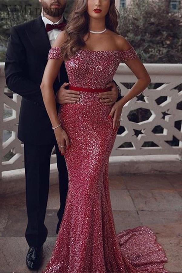 Evening Red Mermaid Dresses Sparkly Sequins Ribbon Off The Shoulder Sweep Train Custom Made Plus Size Dubai Arabic Prom Party Gown Vestidos