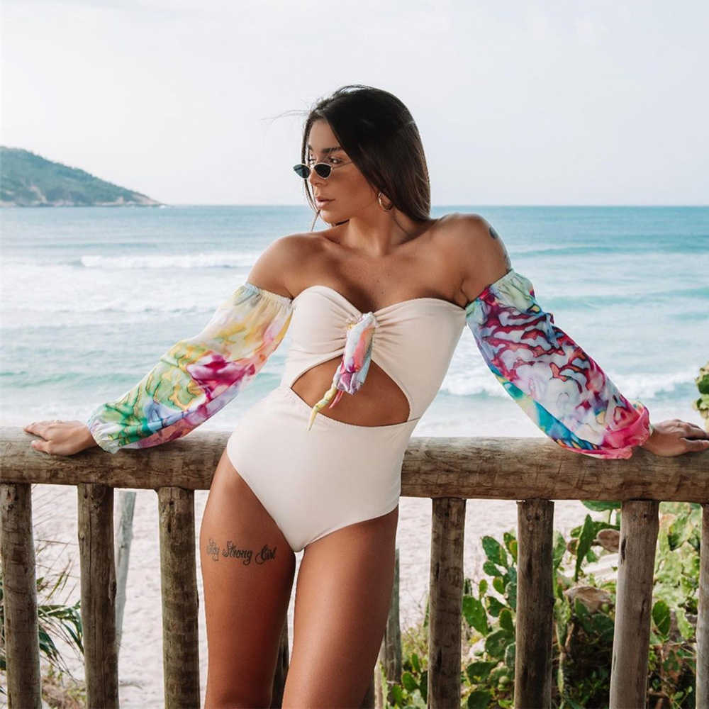 Vintage Swimsuit Female Long Sleeve Swimwear Women Plus Size Bathing Suit Print Bandage Summer Bathers Monokini 210611