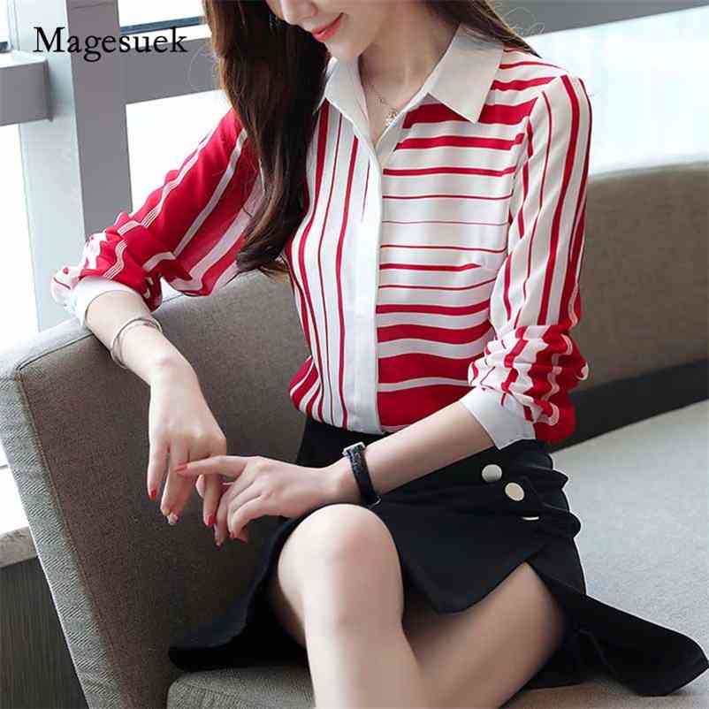 Autumn Korean Long Sleeve Shirts Turn-down Collar Chiffon Blouses Femal Slim Striped Women Tops 6108 210518, Red 
Autumn Korean Long Sleeve Shirts Turn-down Collar Chiffon Blouses Femal Slim Striped Women Tops 6108 210518, Red