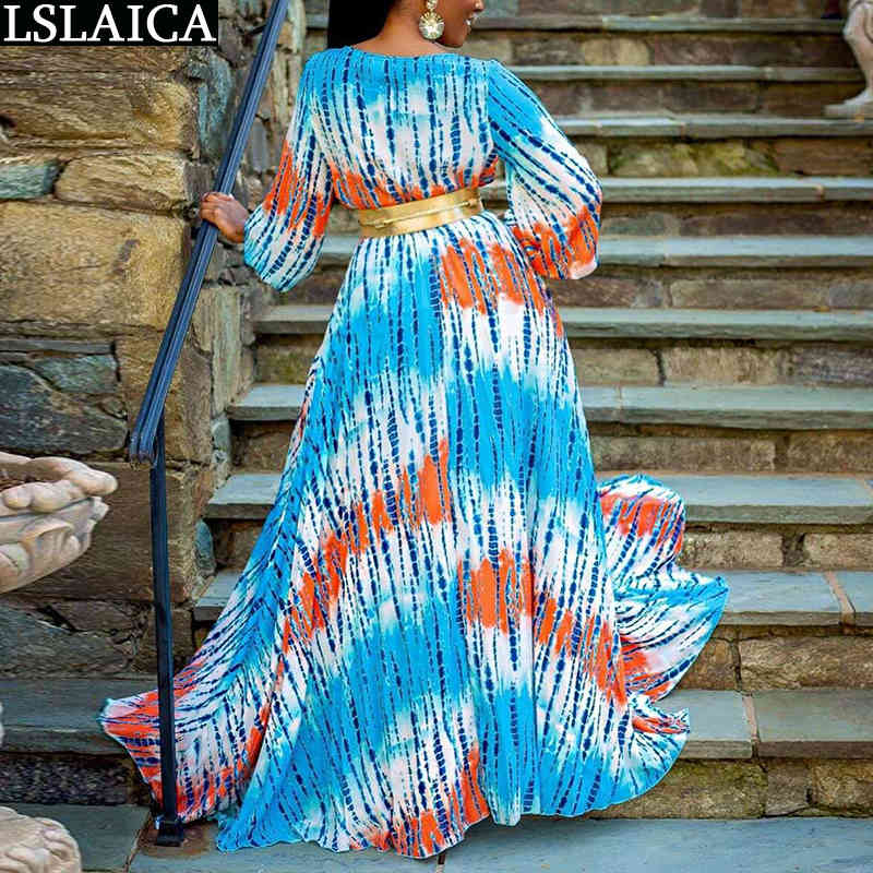 Tie Dye Woman Dress Long Sleeve V Neck High Waist Maxi Autumn Oversize Big Swing Sexy Split Plus Size Bobo No Belt 210515
