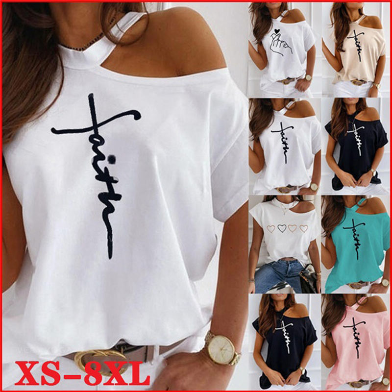 Summer Sexy Off Shoulder Women's Fashion Tops Letter Printed O Neck Short Sleeve Funny T Shirt Loose Casual Cotton Pullovers 210406