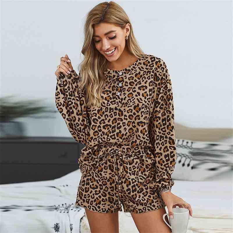 Pajamas For Women Long Sleeve + Shorts Loose Casual Party Sexy Leopard Print Sleepwear Women Fashion Tie-dye Pajamas Set 210330