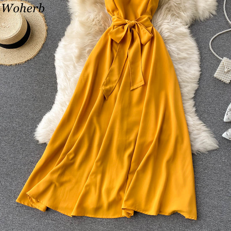 Summer Korean Chic Sexy Yellow Spaghetti Strap V-neck Party Dresses Vintage Solid Bandage Slim Long Robe Vestidos 210519
