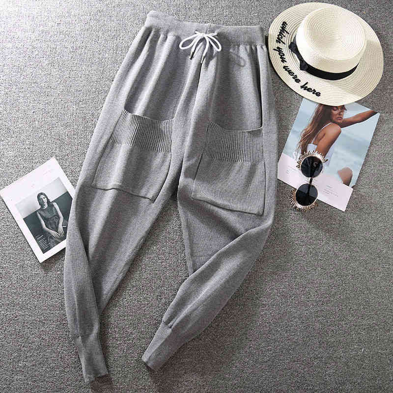 Nomikuma Autumn Korean Double Pockets Knitted Pants Lace Up High Waist Ankel Trousers Causal Women Sweater Pants 6D308 210427