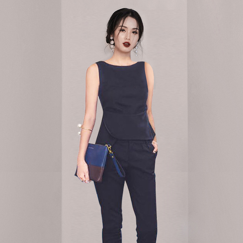 Summer 2 Piece Set Elegant Solid Color Office OL Work Lady Sleeveless Slim Blouse + pencil Pants Suit Female 210519
