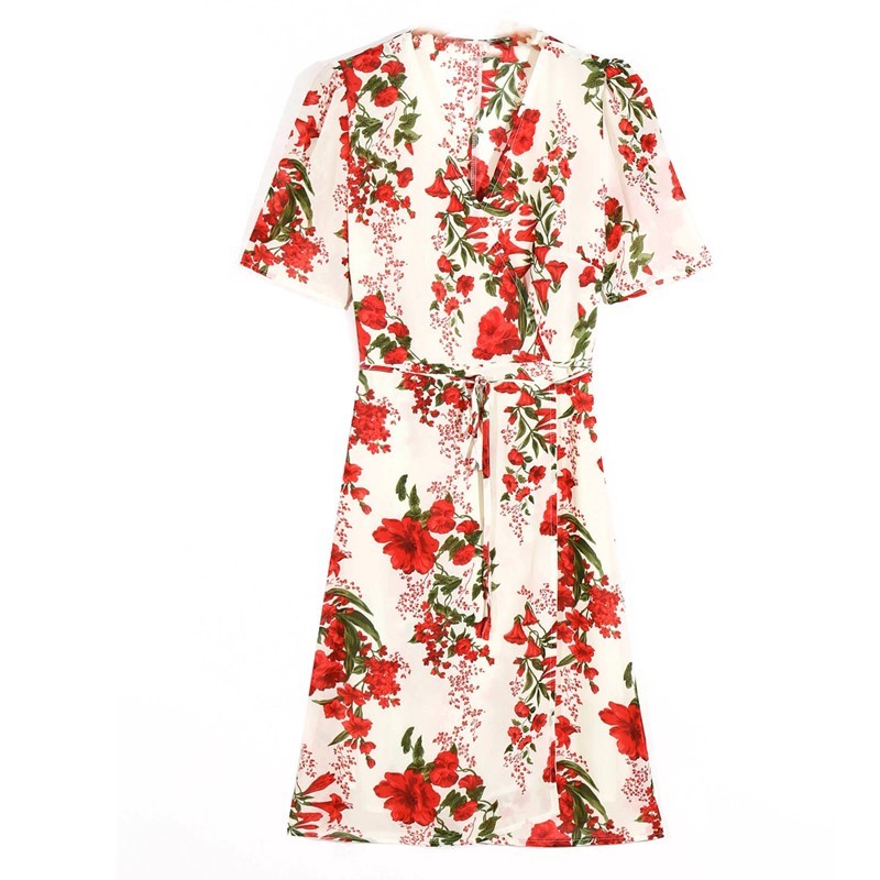French V neck Front Slit Red Flower Wrap Dress Holiday Woman Tie Bow Lace up Waist Short Sleeve Tea Dresses Vestido 210429