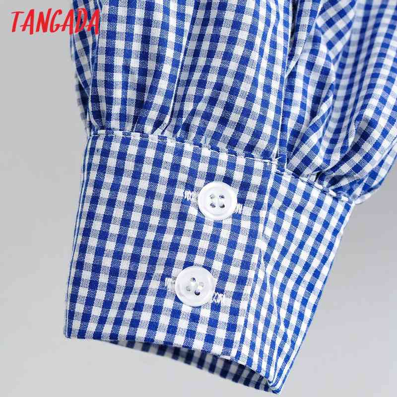 Women Retro Lace Patchwork Blue Plaid Blouse Long Sleeve Chic Female Shirt Tops YI13 210416