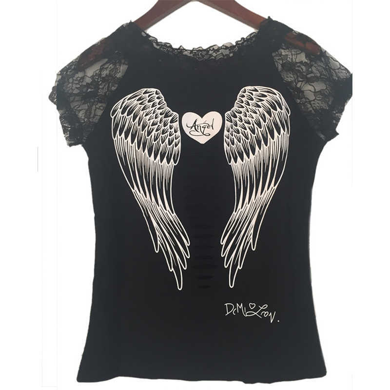 T Shirt White Woman Cotton Women Summer Fashion Print T-shirt Vest Angel Wings Top Casual Women's Lace Short Sleeved T-shirt X0628
