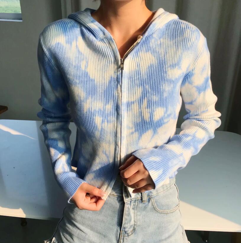 Women Gradient tie-dye Zipper Hooded Cropped Cardigan Sweater Vintage Knitted Exposed navel Short Knitwear Long sleeve Jumper 210429