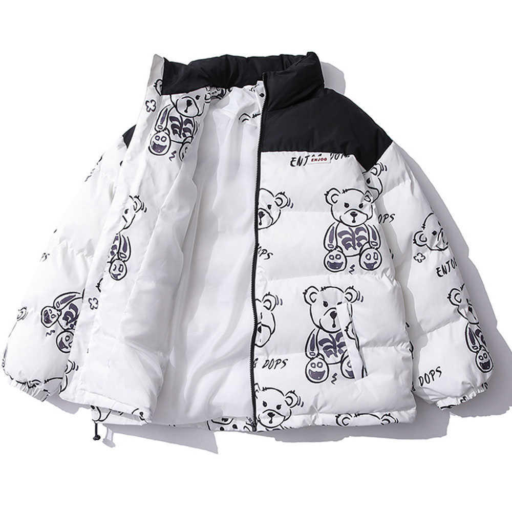 Men's Women Winter Warm Jacket Thick Coat Patchwork Cartoon Bear Heated Padded Puffer Jacket Oversized Parka Men's Clothing 211008