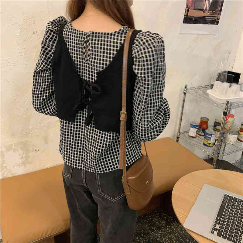 Nomikuma Women Plaid Blouse 2piece Sets Puff Long Sleeve O-neck Shirt + V-neck Short Sleeveless Lace Up Vest Outfits 6C586 210427
