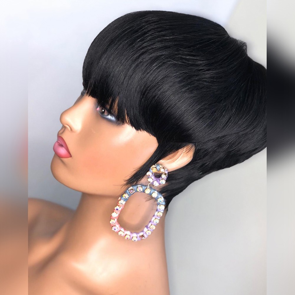 Honey Blonde Color Wavy Human Hair Wig With Bangs Short Bob Pixie Cut No Lace Front Wigs For Women
