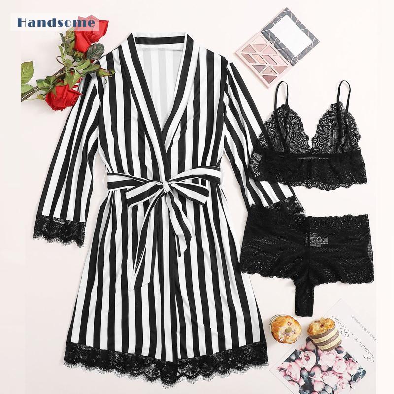 Women' Sleepwear Ladies Black And White Striped Print Pajamas Robe Set Lace Satin Sexy Lingerie Home Service 3-piece Nightwear #4
Women' Sleepwear Ladies Black And White Striped Print Pajamas Robe Set Lace Satin Sexy Lingerie Home Service 3-piece Nightwear #4