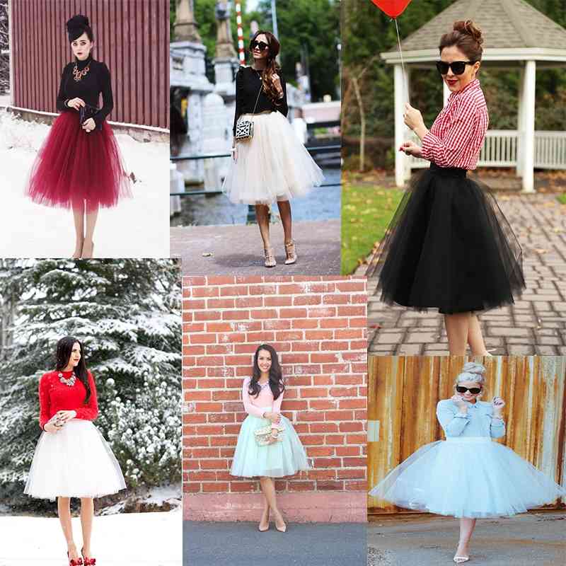 5 Layers 60cm Princess Midi Tulle Skirt Pleated Dance Tutu Womens Lolita Petticoat Jupe Saia faldas Party Puffy Skirts 210408
