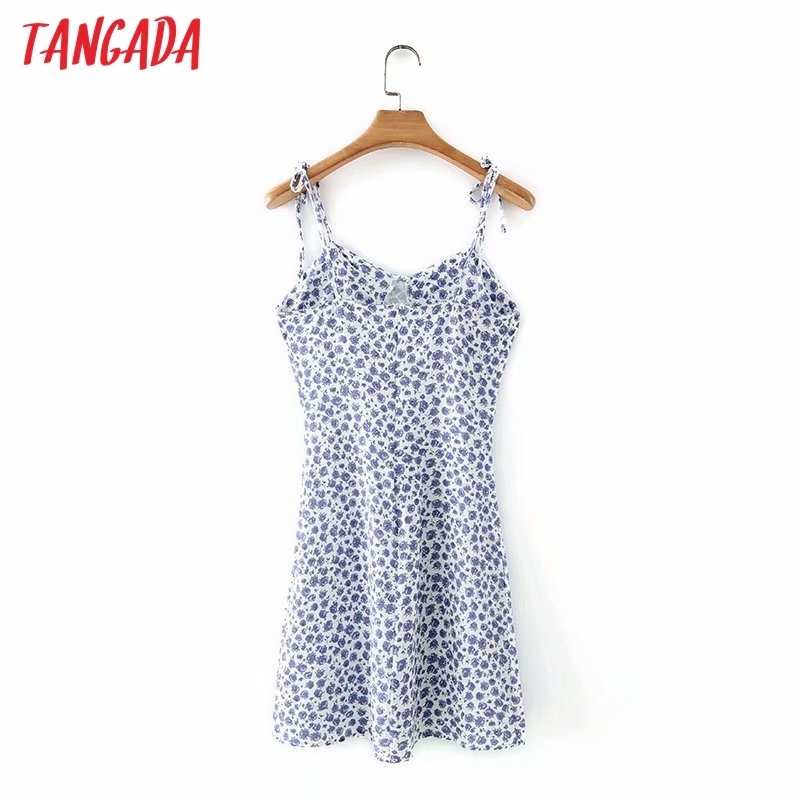 Summer Women Blue Floral Print Mini Strap Adjust Ladies Dress Vestidos 2M145 210416