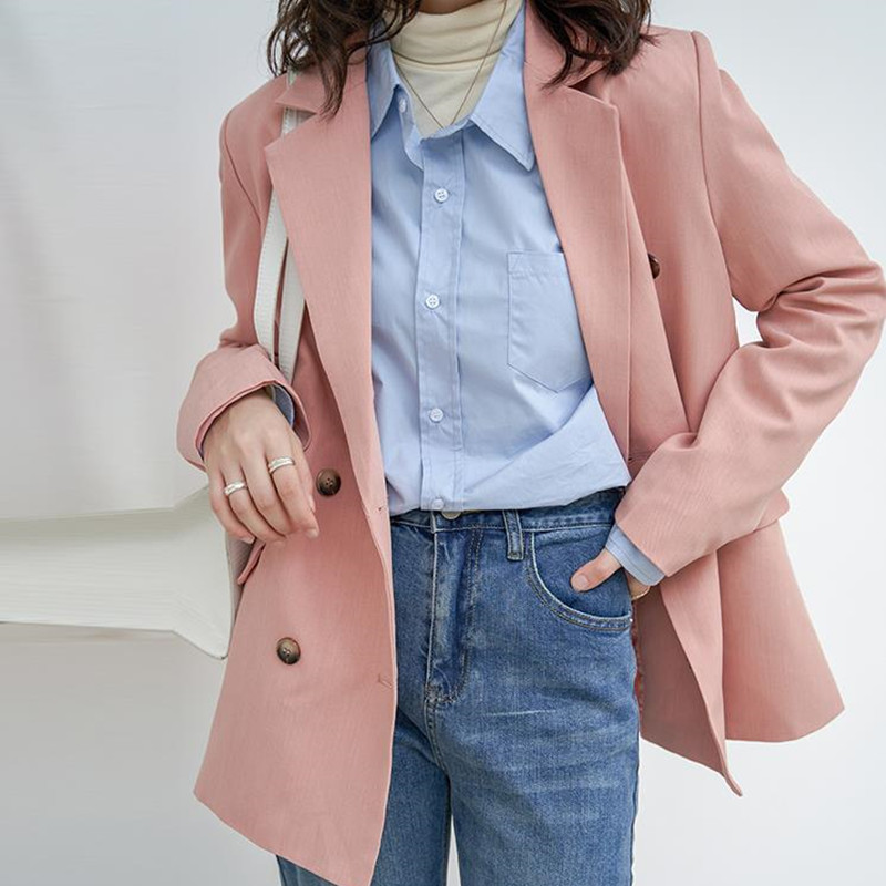 OL Elegant Vintage Casual Blazer Jacket Spring Fall Minimalist Work Wear Notched Women Blazers Loose Suit Coat 210421