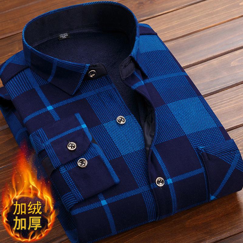Men's Casual Shirts Autumn Winter Thick Velvet Dress Shirt For Men Long Sleeve Warm Fleece Lining Fashion Soft Flannel 4XL 5XL
