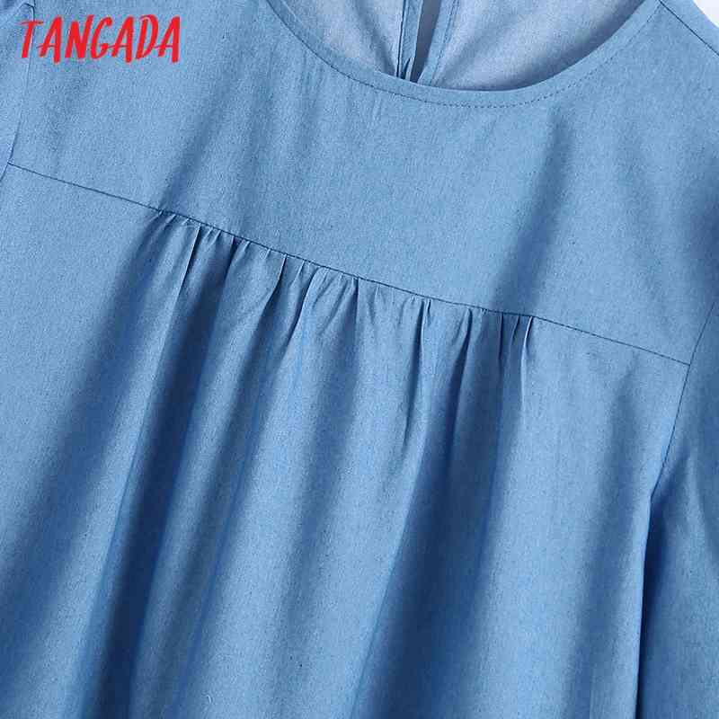 Women Blue Thin Denim Pleated O Neck Short Sleeve Ladies Vintage Mini Dress Vestidos BE436 210416
