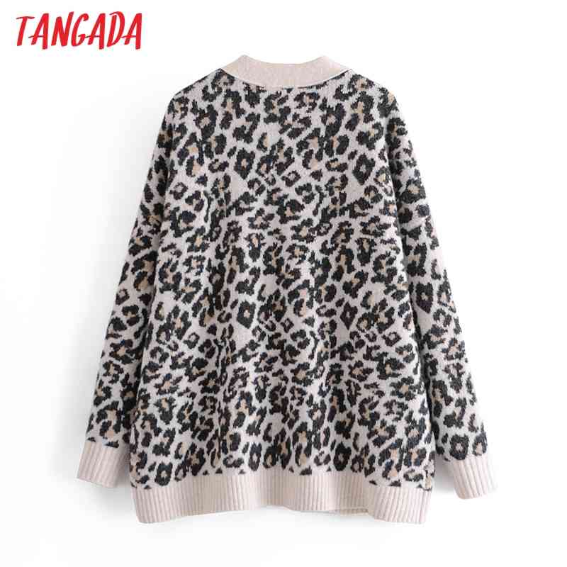 Women Elegant Leopard Vintage Jumper Lady Fashion Oversized Knitted Cardigan Coat 3H85 210416