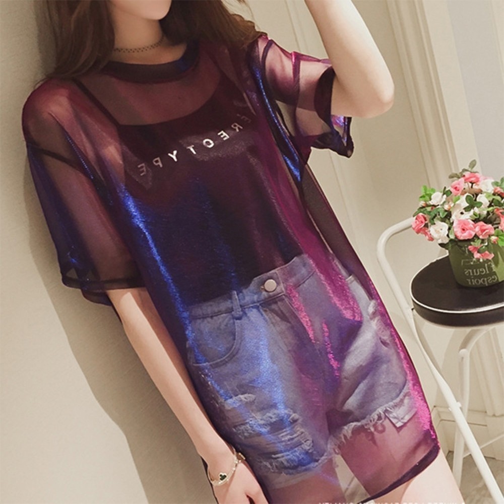 Hollow Out T Shirt Women Sexy Transparent Summer Tops Ladies Short Sleeve Loose Two set T-s Tee 210428