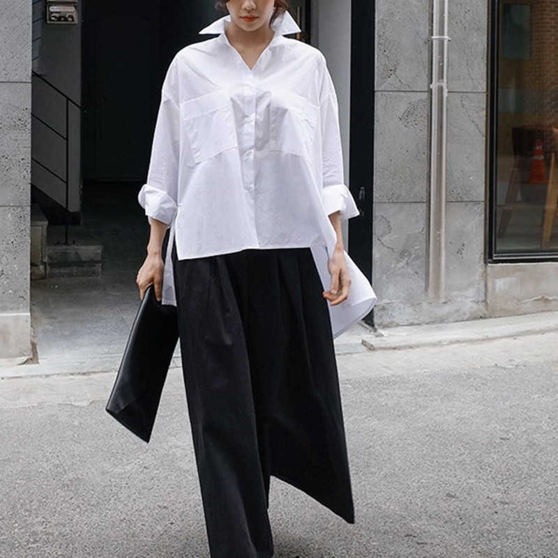 Spring Autumn Lapel Long Sleeve White Back Loose Big Size Irregular Shirt Women Blouse Fashion 210527