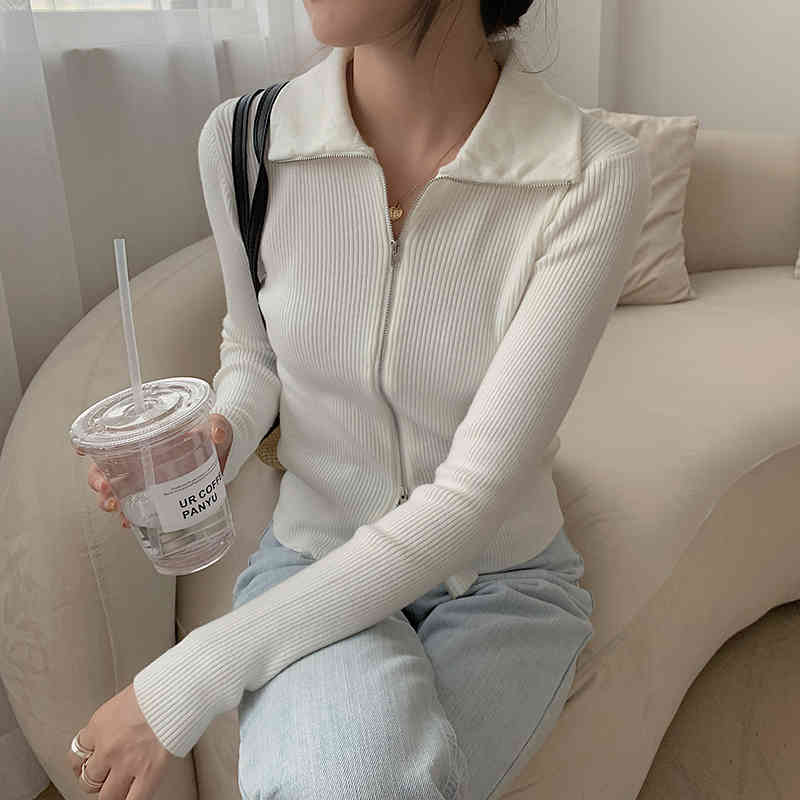 Long Sleeve Solid Women Vintage Sweater Autumn Korean-Style Knitted Zip Cardigan Stripe Woolen Korean Top 2001C 210420
