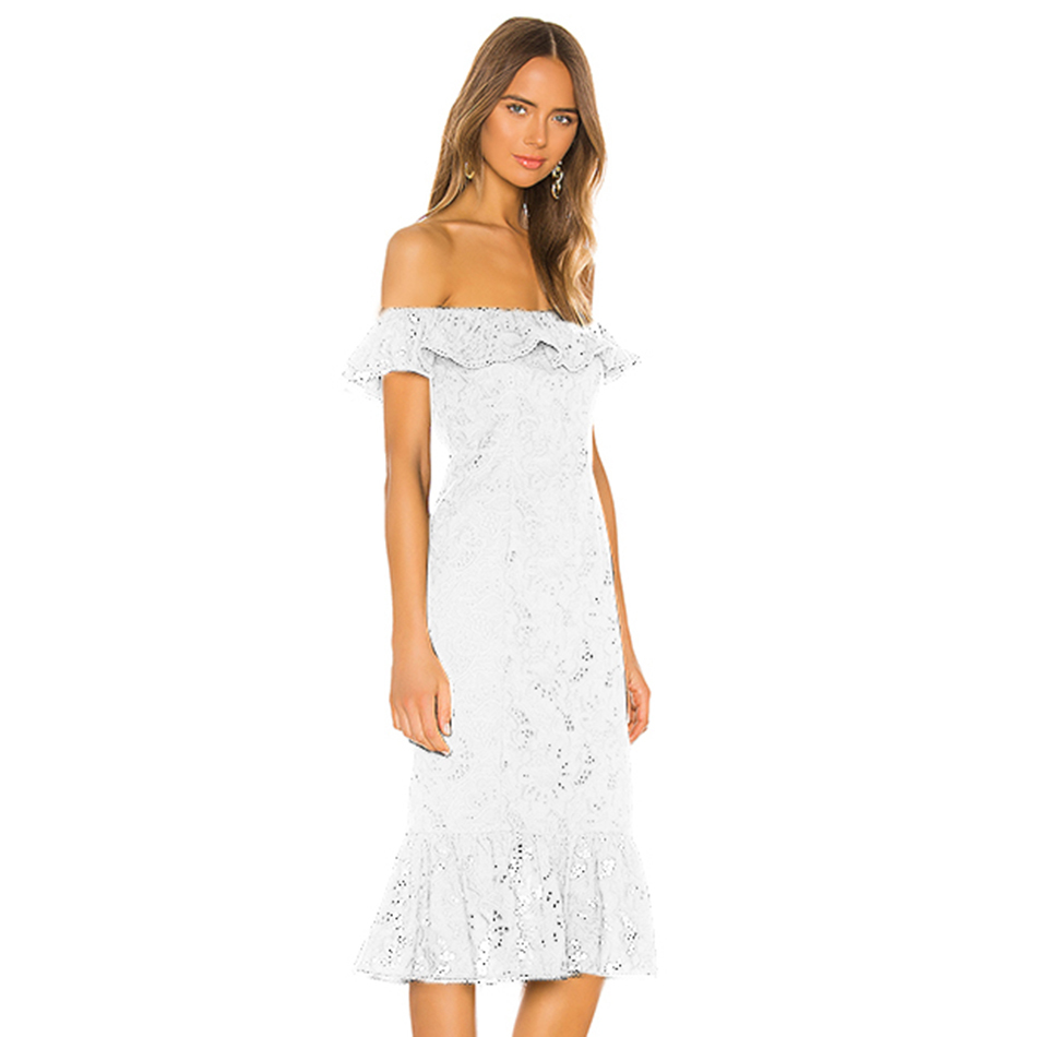 Free Lace Bandage Dress Arrival Sexy Card Shoulder Ruffle Sleeve Bodycon Halter Midi Club Party Vestidos 210524