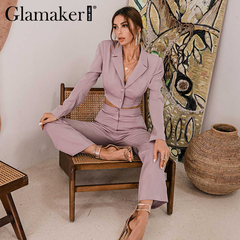 Glamaker Pink purple 2 piece suit sets Women sexy short blazer and flared pants Office lady set autumn female sets sexy outfits 211007