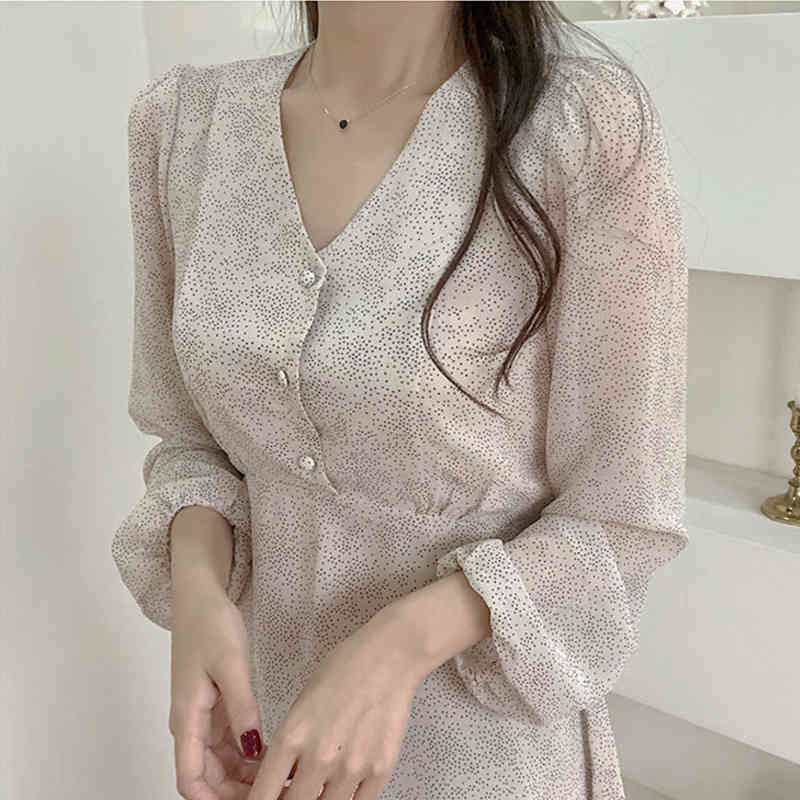 Korean Dot Chiffon Dress Womem Elegant High Waist V-neck Button Fall Fashion Midi Long es Vestido Feminino 12292 210506