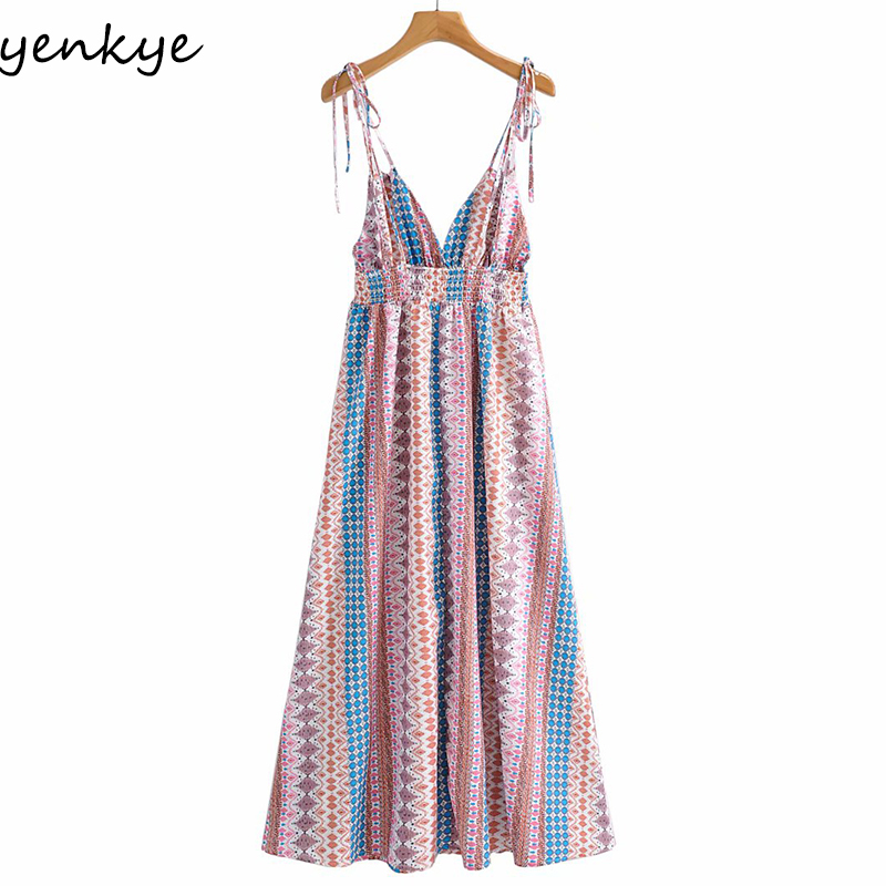 Sexy Sling Summer Beach Dress Women V Neck Elastic High Waist Casual Holiday Vintage Geometric Print Long Robe 210430