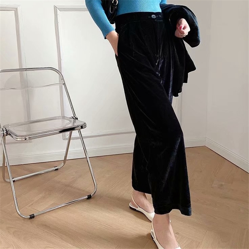Streetwear Women Straight Trousers Fashion Ladies Stylish High Waist Pants Elegant Female Chic Black Velvet 210430